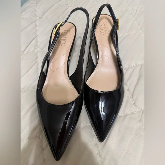Franco Sarto Black Kitten Patent Pointed Slingback heels - Picture 1 of 5